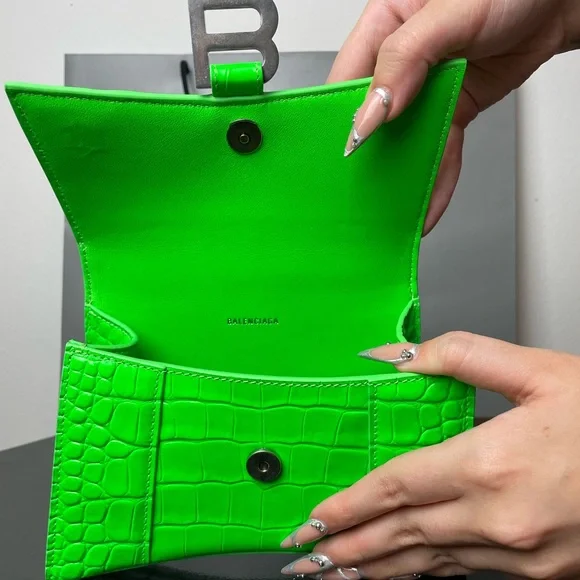 Balenciaga Neon Green Hourglass XS Croc-Embossed Top Handle Bag - Picture 7 of 9